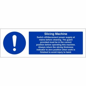 Slicing machine hygiene sign with operating and cleaning safety instructions