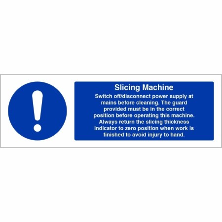 Slicing machine hygiene sign with operating and cleaning safety instructions