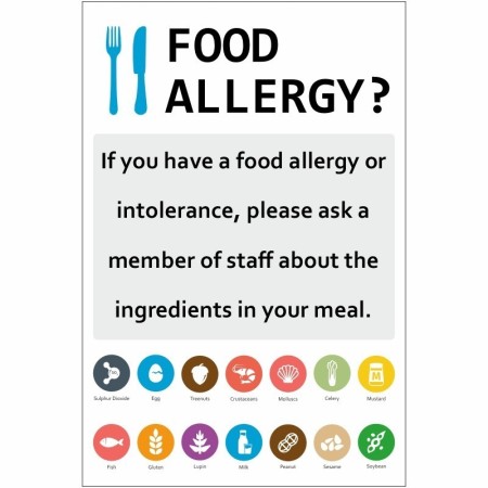 Food allergy ask a member of staff safety sign with allergen symbols