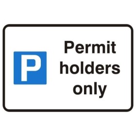 Permit holders only parking sign with blue parking symbol and black text