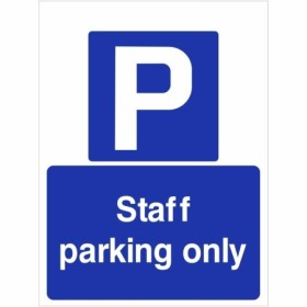 Staff parking only sign with parking symbol and bold white text on blue background