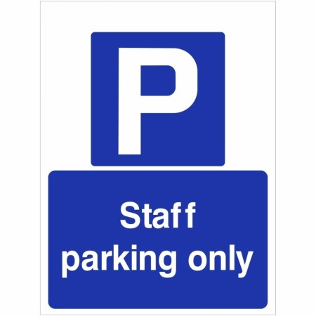 Staff parking only sign with parking symbol and bold white text on blue background