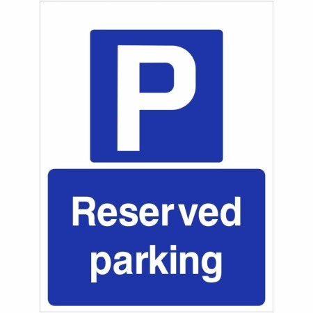 Reserved parking sign with parking symbol and bold white text on blue background