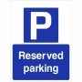Reserved parking sign with parking symbol and bold white text on blue background