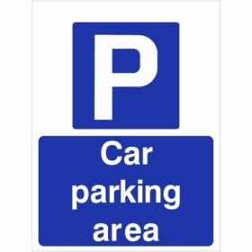 Car parking area sign with parking symbol and bold white text