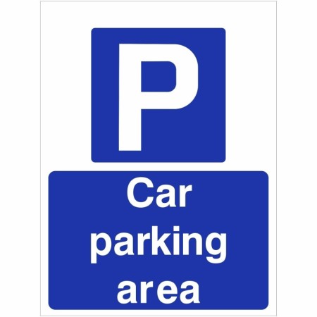Car parking area sign with parking symbol and bold white text