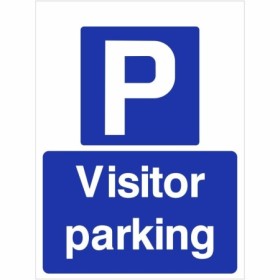 Visitor parking sign with parking symbol and bold white text on blue background