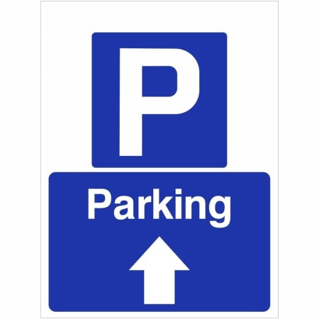 Parking straight ahead sign with parking symbol and upward directional arrow