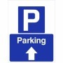 Parking straight ahead sign with parking symbol and upward directional arrow