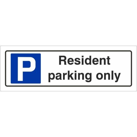 Resident parking only sign with parking symbol and bold black text
