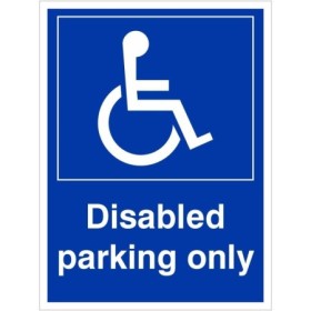 Disabled parking only sign with wheelchair symbol and bold white text on blue background