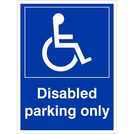 Disabled parking only sign with wheelchair symbol and bold white text on blue background