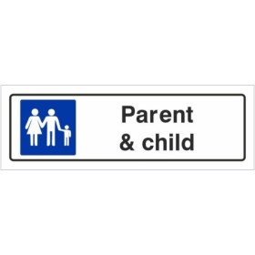 Parent and child parking sign with family symbol and bold black text