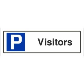 Visitors parking sign with parking symbol and bold black text