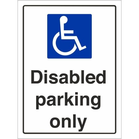 Disabled parking only sign with wheelchair accessibility symbol and bold black text