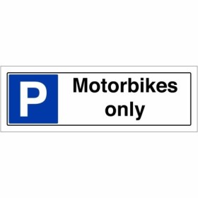 Motorbikes only sign with parking symbol and bold black text