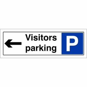Visitors parking arrow left sign with directional arrow and parking symbol