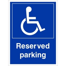 Reserved parking disabled sign with wheelchair symbol and bold white text on blue background