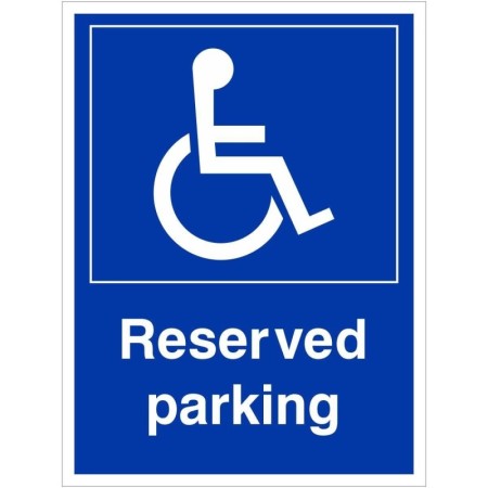 Reserved parking disabled sign with wheelchair symbol and bold white text on blue background