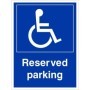 Reserved parking disabled sign with wheelchair symbol and bold white text on blue background
