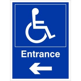 Entrance arrow left disabled access sign with wheelchair symbol and directional arrow