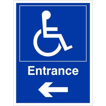 Entrance arrow left disabled access sign with wheelchair symbol and directional arrow