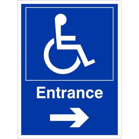 Entrance arrow right disabled access sign with wheelchair symbol and directional arrow