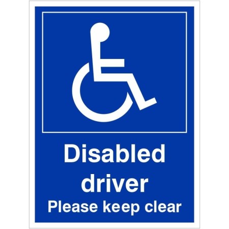 Disabled driver please keep clear sign with wheelchair symbol and bold white text on blue background