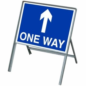 One Way Arrow Up traffic sign with stanchion frame