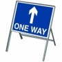 One Way Arrow Up traffic sign with stanchion frame