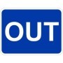 Out traffic sign with white text on blue background