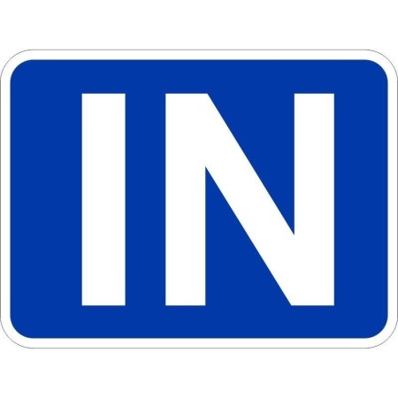 In traffic sign with white text on blue background