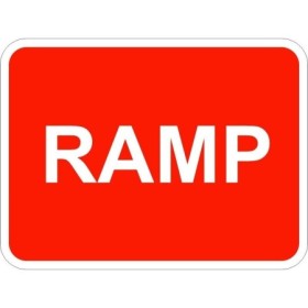 Ramp traffic sign with bold white text on red background