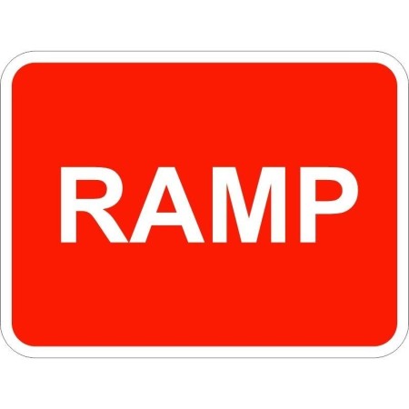 Ramp traffic sign with bold white text on red background