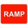 Ramp traffic sign with bold white text on red background
