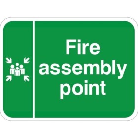Fire assembly point traffic sign with white text and symbol on green background