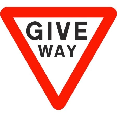 Give way traffic sign with triangular red border and black text