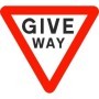 Give way traffic sign with triangular red border and black text