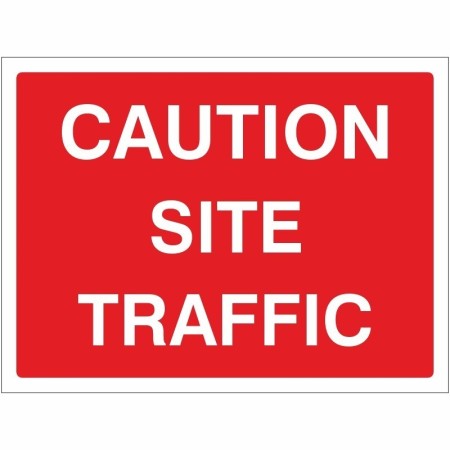 Caution Site Traffic road sign with white text on red background