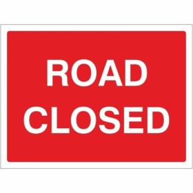 Road Closed traffic management sign with white text on red background