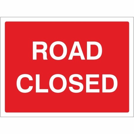 Road Closed traffic management sign with white text on red background