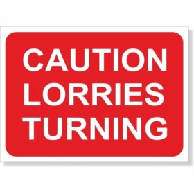 Caution Lorries Turning road sign with white text on red background