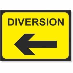Diversion Left road sign with black directional arrow on yellow background