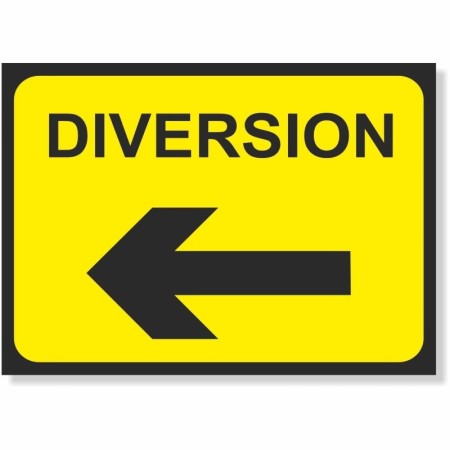 Diversion Left road sign with black directional arrow on yellow background