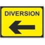 Diversion Left road sign with black directional arrow on yellow background