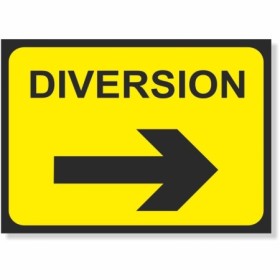 Diversion Arrow Right road sign with black directional arrow on yellow background