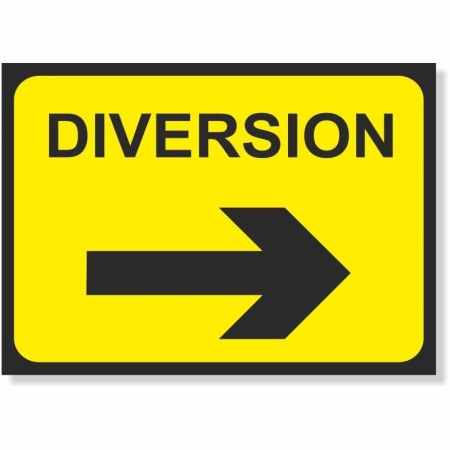 Diversion Arrow Right road sign with black directional arrow on yellow background