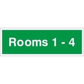 Rooms 1-4 wayfinding indicator safety sign with green background