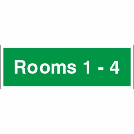 Rooms 1-4 wayfinding indicator safety sign with green background