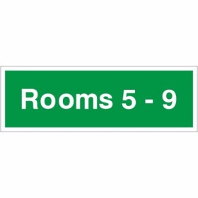 Rooms 5-9 green wayfinding indicator sign with white text